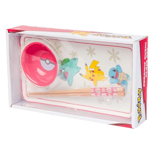 Image of Silver Buffalo Pokemon Original Starters Featuring Charmander, Bulbasaur, Squirtle, and Pikachu Pokeball Ceramic Sushi Set with Dipping Sauce Dish and Matching Chopsticks