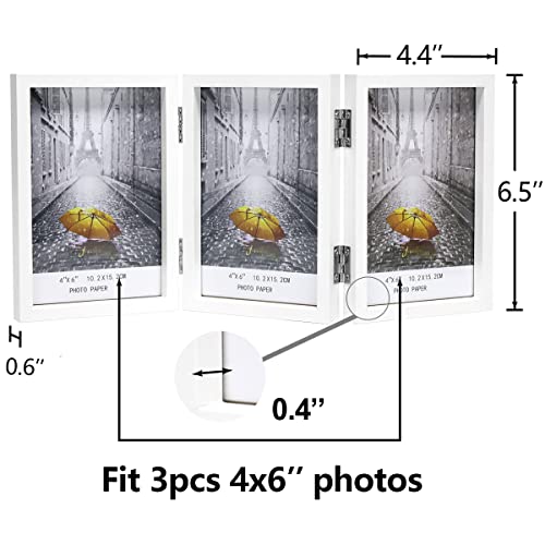 3 Picture Frame 4X6 Triple Hinged Mdf Wood With Glass Front Three Opening Photo Frame Stand Vertical On Tabletop, White #TOP2