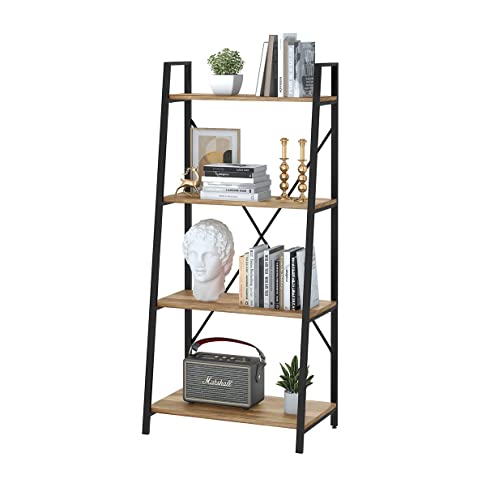 Bon Augure Industrial Ladder Shelf Bookcase, 4 Tier Rustic Ladder Bookshelf, Standing Leaning Book Shelves For Living Room (Vintage Oak)… #TOP5