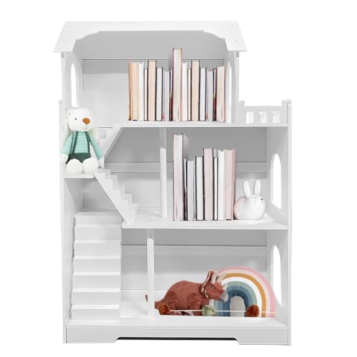 Wooden Dollhouse Bookshelf, 3-Tier Kids Dollhouse Bookcase for Books & Toys Storage Organizer Shelves, Large Doll House for Kids Rooms, Playroom, Nursery, Classroom Gift for Aged 3+