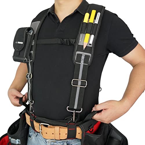 Image of MELOTOUGH Tool Belt Suspenders Detachable Phone Holder & Foam Pads | Construction Work Suspenders, Foam-Padded, Gray, Relieve Shoulder Strain, Detachable Phone Holder, Adjustable Shoulder Strap