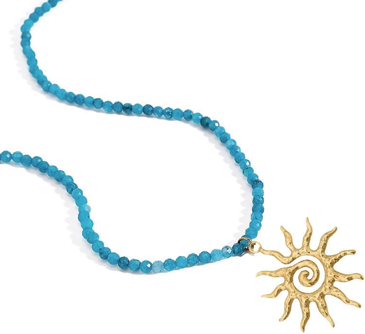Gold Sun Beaded Necklaces for Women,Charm Sun Pendant Necklace Spiral Swirl Crystal Beads Necklaces Waterproof Stainless Steel Necklace Boho Jewelry Gifts - Image 2