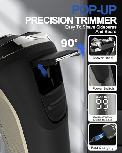 Image of Electric Shavers Men, Wet and Dry Electric Razor, Waterproof Cordless Men Razor Cordless Rotary Beard Rechargeable Shaver LED Display with Pop up Trimmer and Travel Lock