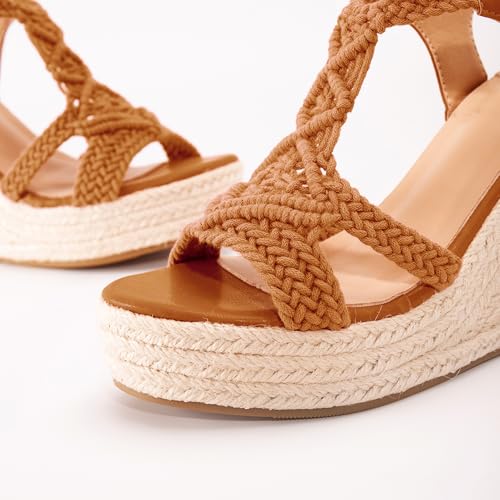 Image of Women's Woven Espadrille Wedge Sandals Bohemian Braided Open Toe Summer Shoes with Adjustable Strap 3.9 inch Platform Heel for Wide Feet, Comfortable Walking