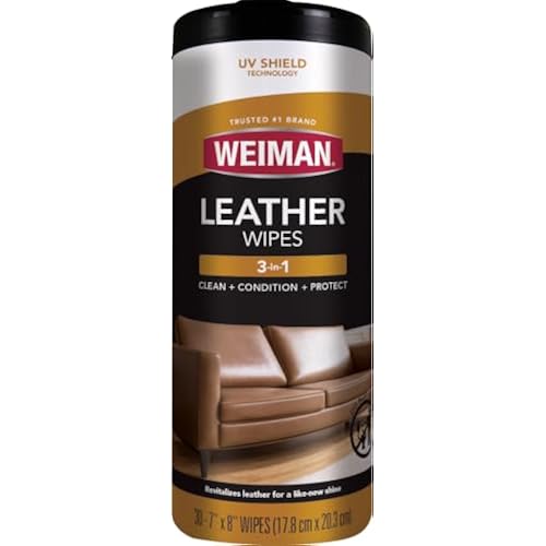 Weiman Leather Cleaner & Conditioner Wipes With UV Protection, Prevent Cracking Or Fading Of Leather Couches, Car Seats, Shoes, Purses - 30 ct