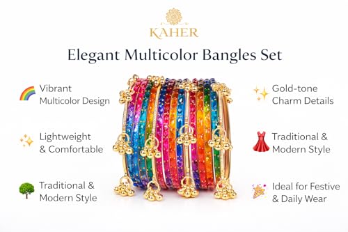 Image of Kaher Kashmiri Glass Bangle with gunghro Set for Women| Traditional, Fancy Glass Chudi Set for Festival, Wedding, and Party (Set Of 16)