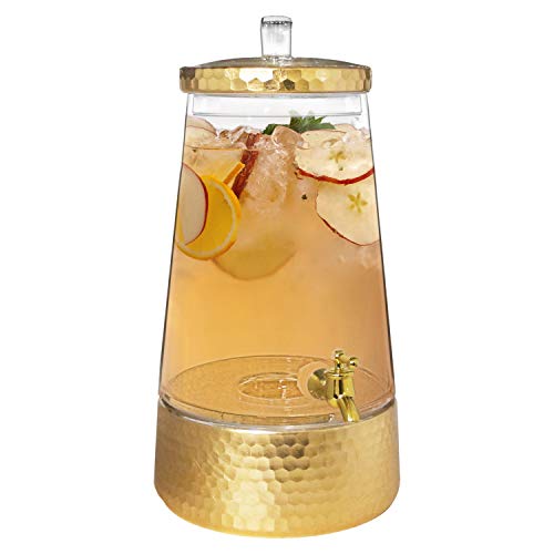 Fitz and Floyd Beverage Cold Drink Dispenser w/ 1.7 Gallon Capacity Glass Jug, Metal Handle & Leak-Proof Acrylic Spigot in Gorgeous Gift Box, Clear/Gold