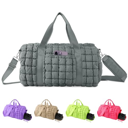 Image of Quilted Travel Duffle Bag Gym Bag for Women,Large Puffer Duffle Weekender Bag with Compartment,Workout Overnight Carry on Organizer Bag Duffle Bag for Airplane Travel(L-Grey)