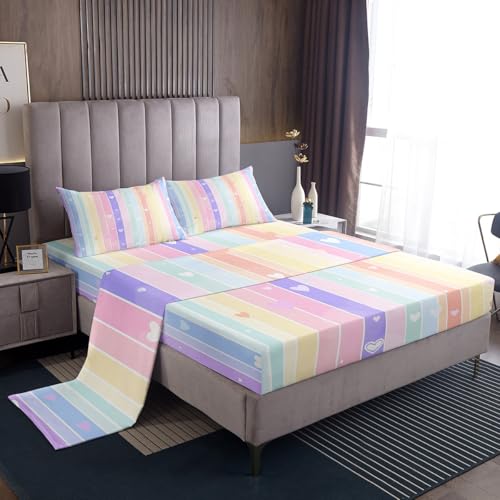 jejeloiu Heart Fitted Sheet Twin Size Cute Rainbow Bedding Set for Boys Girls Teens Multiful Bed Sheets Set Breathable Soft Lightweight Microfiber