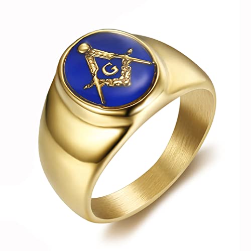 Stainless Steel Gold Plated Freemason Masonic Rings for Men Women Blue G Lodge Master Mason Signet Band
