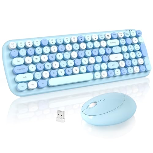 Wireless Keyboard and Mouse, Typewriter Keyboard and Mouse Wireless Combo, 2.4GHz Wireless Retro Keyboard and Wireless Mouse for PC/Laptop/Desktop/Windows (Blue Colorful)