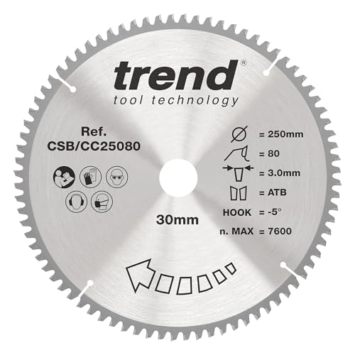 Trend Wood Mitre Saw Blade, 250mm Diameter, 30mm Bore, 80 Teeth, 3mm Kerf, -5° Hook, TCT, Extra-Fine Finish, CSB/CC25080