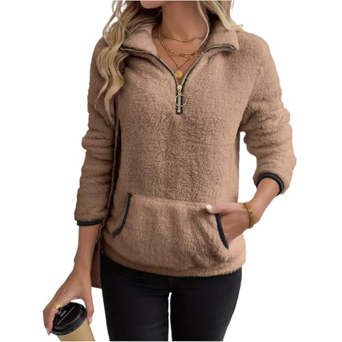 Rikbuig Brown Fleece Pullover Women Half Quarter Zip Oversized Sweatshirt - image 1