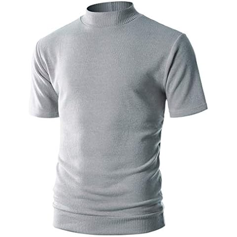 Ohoo Mens Slim Fit Short Sleeve Turtleneck Mixed Ribbed Hem Pullover Sweater/DCP124-GRAY-XL Cover