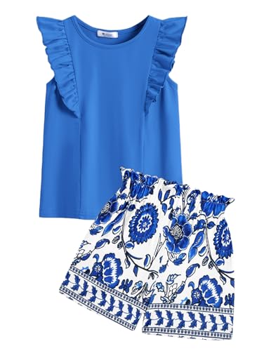 Image of Arshiner Girls Clothes Summer Outfits Ruffle Sleeve Tops and Paperbag Waist Shorts with Pockets Kids Clothing Set