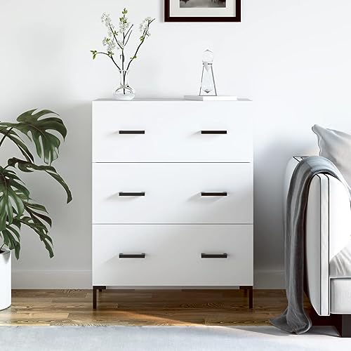 XHNIFBN Aparador blanco 69,5 x 34 x 90 cm de madera con 3 cajones y patas de metal, diseño moderno, espacio de almacenamiento para salón, dormitorio, pasillo