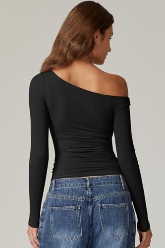 QINSEN Women's Sexy Off Shoulder Shirt Long Sleeve Double Lined Tops Side Ruched Fitted Tees2