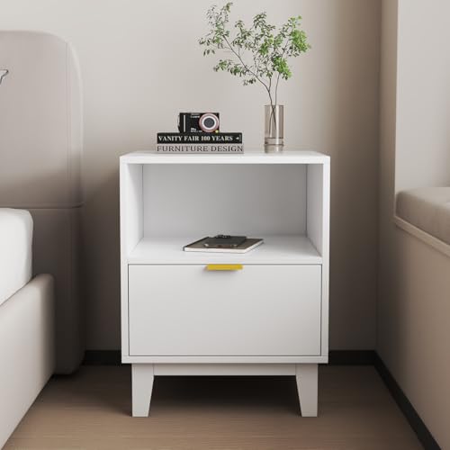 Catálogo de Buro Chocolate , listamos los 10 mejores. 48 MOBI Buró para Recámara Contemporáneo Tokio - 1 Cajón Color Blanco/Oro - Largo 45cm x Alto 64cm - Mesa de Noche de Madera - Mueble Auxiliar