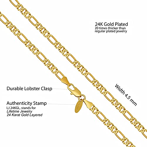 LIFETIME JEWELRY 4.5mm & 6mm Swiss Diamond Cut Figaro Chain Necklaces 24k Real Gold Plated4