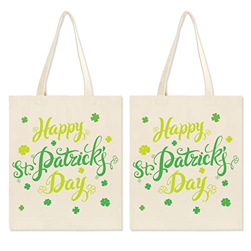 Whaline 2 Pcs Happy St. Patrick's Day Canvas Tote Bags Green Shamrock Clover Grocery Shopping Bags Reusable Gift Goodie Shoulder Bag for Irish Holiday Party Favor Supplies, 13.4 x 15.8 inch