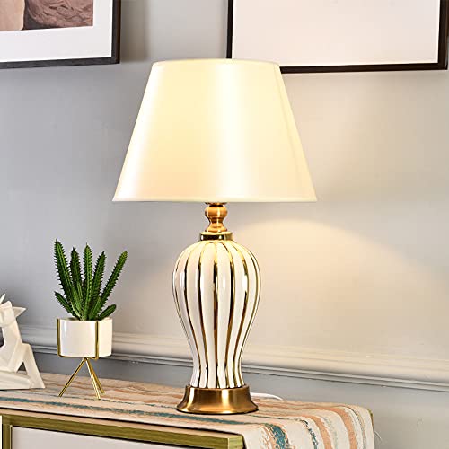 Lampada da Comodino, Moderna Vintage Lampada da Tavolo Base in Ceramica Paralume in Stoffa, Attacco E27, D30 * H52 cm, Design Vintage.(Senza Lampadine) (Bianco)