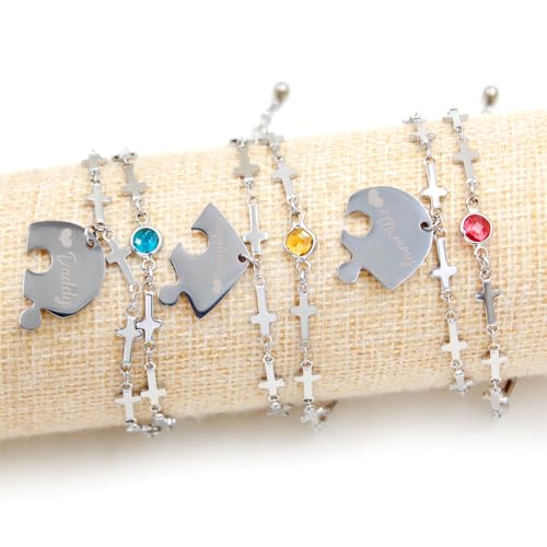 Image of Best Friend Forever Puzzle Heart Bracelet Set with Birthstone - Stainless Steel BFF Friendship Forever Matching Heart Cross Link Bracelet for Family Love Friendship Jewelry Gift Sets