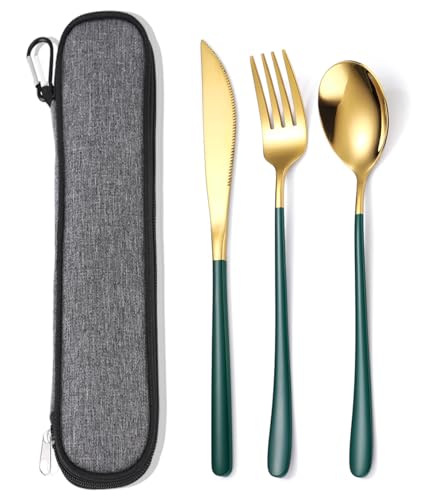 AARAINBOWI Mittagessen Besteck Set für 1 Personen, 3 Teilig, Spiegelpoliert, Tragbar Flatware Set Edelstah Besteck, Reisen Messer Gabel Löffel Set...