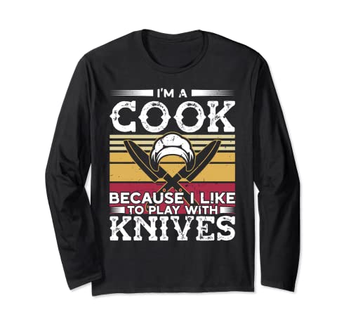 Disfraz de cocinero con texto en inglés "I like to play with knife cooking Manga Larga