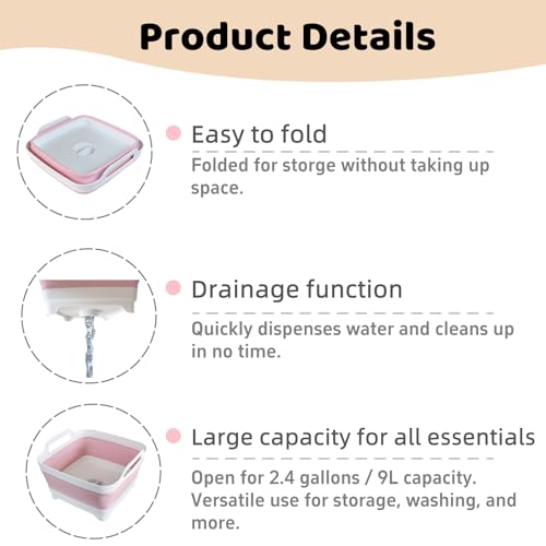 Image of GIMWA Collapsible Wash Basin for Baby Bottles - 2.4 Gallons Portable Wash Bin for RV Camping Sink, Space-Saving Dish Tub (Pink)