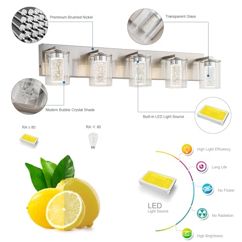 Image of SineRise Bathroom Vanity Light with 3 Color Modes (3000K /4000K /6000K), Eye Protection LED Bathroom Light Fixture, Dimmable Modern Wall Light Over Mirror with Clear Glass Shade (Nickel, 5-Light)