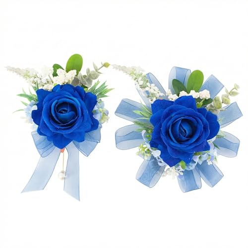 Yelinart Royal Blue Corsage and Boutonniere Set Corsage Wristlet for Women and Boutonniere for Wedding Prom Homecoming Artificial Rose Flowers Boutonniere and Wrist Corsage