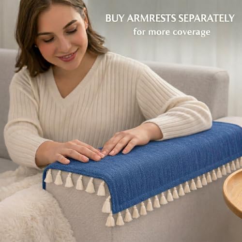 Image of STITCHNEST Blue Chenille Sofa Cover 70x60 Inch - Soft, Durable & Textured Fabric with Tassels | Full Coverage Sofa for Living Room, Bedroom, or Drawing Room