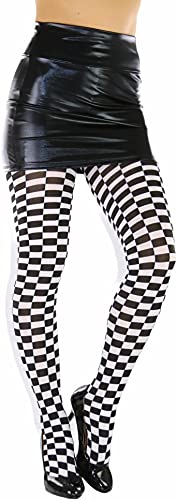 Image of ToBeInStyle Women's Harlequin Checkered Diamond Optical Illusion Opaque Tights Pantyhose - Black & White