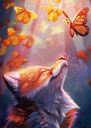 DIAMONDOUBLE Diamond Painting Kits for Adults, DIY Full Round Drill Diamond Art Fox&Butterfly Diamond Painting Fox by Numbers Kits Crafts for Family Relaxation & Home Wall Decor