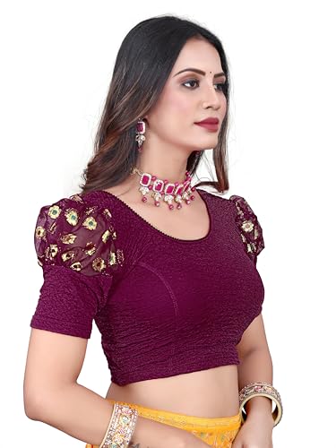 Image of Shreeji Designer Round Neck Cotton Lycra and Net Fabric Fully Stretchable Baloon Sleeve Designer Readymade Blouse for Women