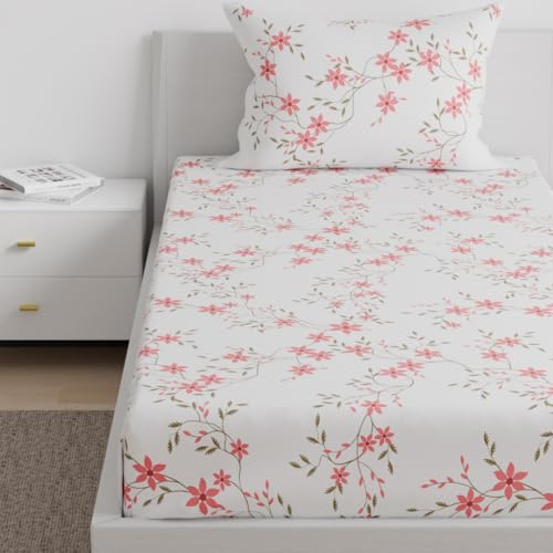 Image of Wakefit 100% Cotton 160 TC Fitted Bedsheet with 1 Pillow Cover | Red Vine Single, 72 inch x 36 inch, Red Vine | 1.83m x 91cm