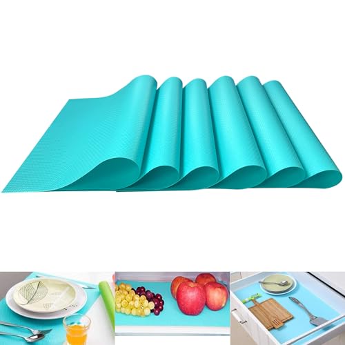 Friendjia 6 Piezas Alfombrilla para Frigorífico, Inserto para Frigorífico, Inserto para Cajón, Impermeable, Antideslizante, Repelente de Suciedad y Antibacteriano, Cortable y Lavable(Azul)