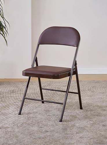 كراسي قابلة للطي مع وسائد مبطنة، كرسي محمول مفرد للمنزل وتناول الطعام في الخارج والصيد، كرسي قابل للطي متعدد الأغراض، إطار معدني وتصميم مضاد للانزلاق (عبوة واحدة، لون بني)