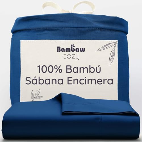 Bambaw Sábana Encimera de Bambú Cama 90/105, 180x290 cm, Ropa de Cama de Bambu Hipoalergenica y Anticalor, Sabana Frio Verano e Invierno, Sabanas Termicas 90/105 cm (Azul Marino)