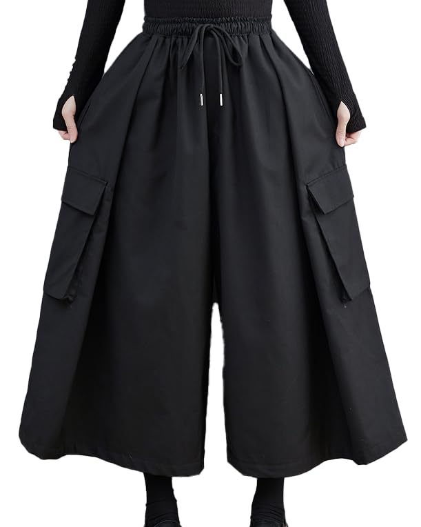 ellazhu Womens Pants Loose Causal Pocket Pants Elastic Waist Wide Leg Drawstring Black Solid GZ626 A