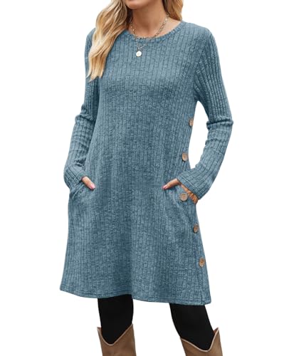 OFEEFAN Long Sleeve Dress for Women Tunic Sweater Dresses Fall Dresses 2025 Blue S2