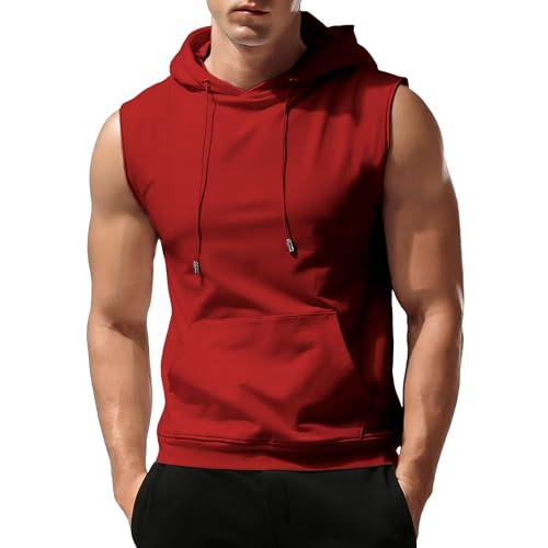 Camiseta sin mangas con capucha para hombre, para gimnasio, entrenamiento, muscular, con bolsillo, rosso, S