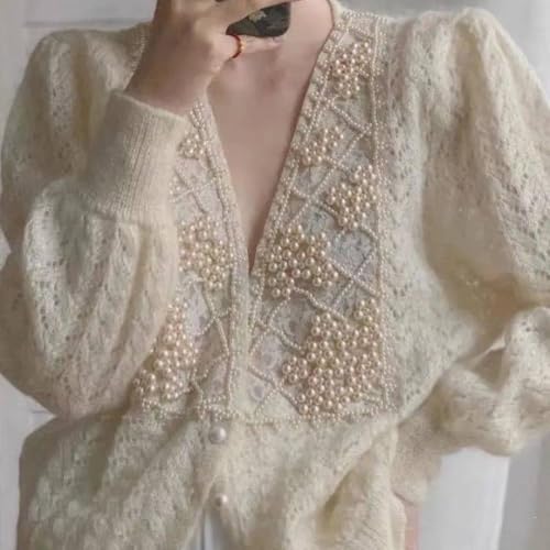 CHARTOU Women Open Front Cardigan Hollow Crochet Knit Dressy Sweater Outwear Pearls Deco4