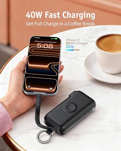 Image of RORRY Flow Portable Charger 10000mAh 40W Wall Plug Power Bank Battery Pack | Built-in USB-C Cable, Keychain Design, Fast Charging, for iPhone 17 /16 /15, Apple Watch, iPad, 3-in-1, Travel Essential