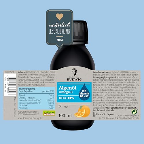 Foto von Dr. Budwig Premium Omega 3 Algenöl Vegan Orange (100ml) - hochdosiert - 2300mg natürliches DHA, DPA & EPA - Vitamin D3 und K2 - flüssig - laborgeprüft - Alternative Fischöl