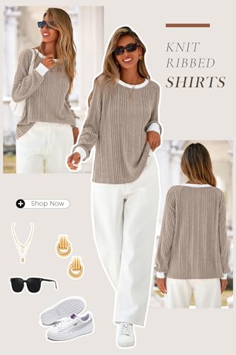 CFLONGE Fall Tops for Women Trendy 2025 Crewneck Long Sleeve Business Casual Shirts Fashion Knit Ribbed Tunic Going Out Tops4