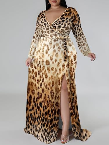 Image of PinkPatty Women's Plus Size Long Sleeve Maxi Dress Casual V Neck Slit Tie Waist Wrap Dresses for Party Cocktail