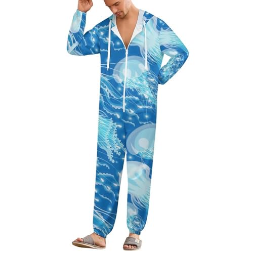 TVUGHGI Glowing Jellyfish Onesie Pajamas for Adults Long Sleeve Fashion One-Piece Cosplay Party Hooded Zip-up Homewears S