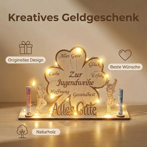 Jugendweihe Geldgeschenke Holz,LED Kleeblatt Glück Geldgeschenk Verpackung für Mädchen und Jungen zur Jugendweihe