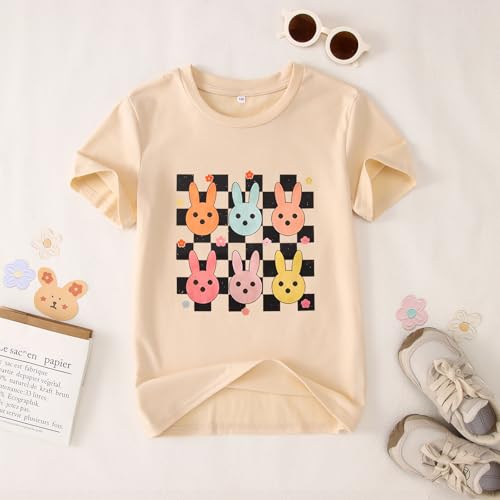 Image of CM C&M WODRO Kid Girl Easter T-Shirt Cute Bunny Flower Checkered Print Tees Summer Short Sleeve Shirt Tops 7-12 Years